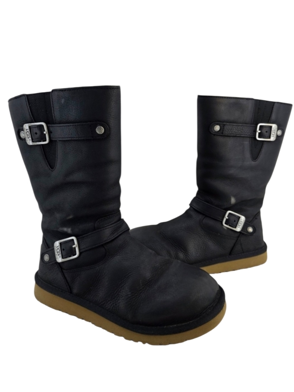 UGG Kensington 1969 Black Leather Boots Big Girl Size 5 or Women's Size 7.